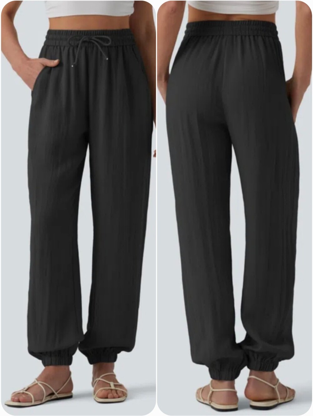 Halara High Waisted Drawstring Wide Leg Casual Linen Feel Jogger Pants Black L